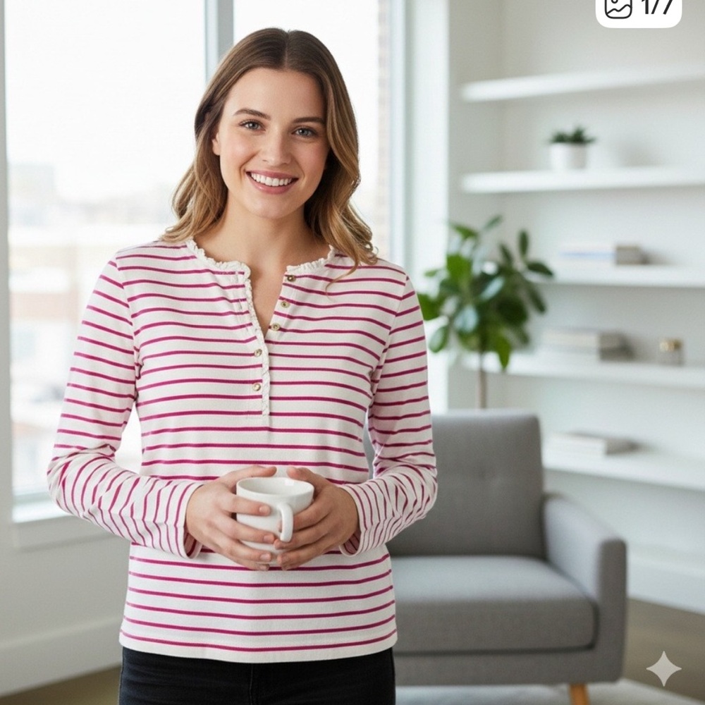 J Crew Striped Ruffle-Collar Henley